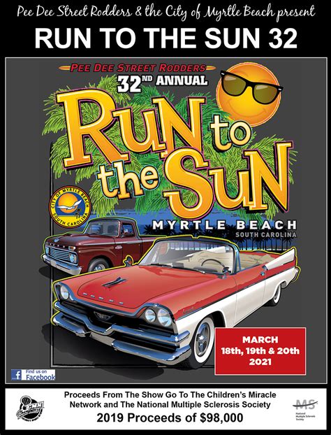 Run to the sun car show - The Run to the Sun 2023 Car Show will hit the road this year, marking its 34th anniversary. A 1959 Chevy Corvette, 1940 Ford Truck, or 1957 Dodge Coronet, you name it – the Mrytle Beach truck show features thousands of pre-1989 vehicles, each restored to its former glory.